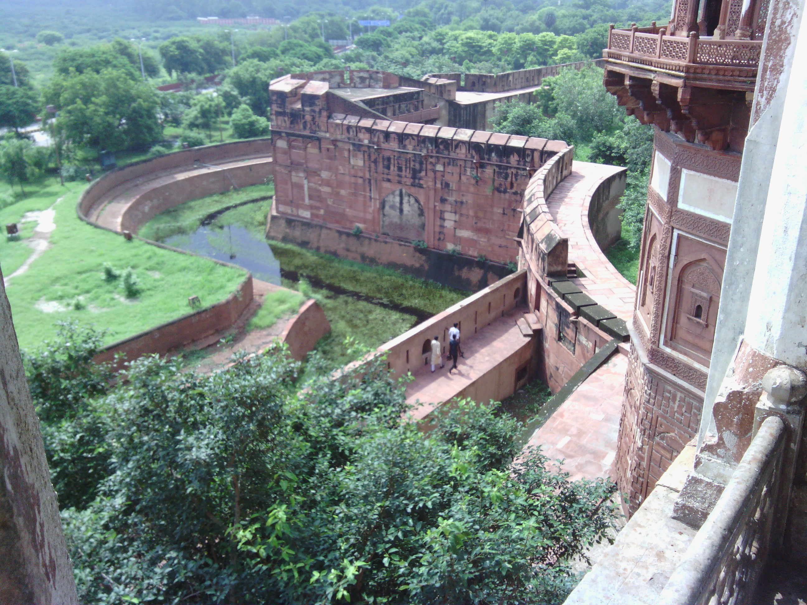 The double moat system at Agra fort. The outer moat had water and crocodiles while the inner had thick bushes and land animals.