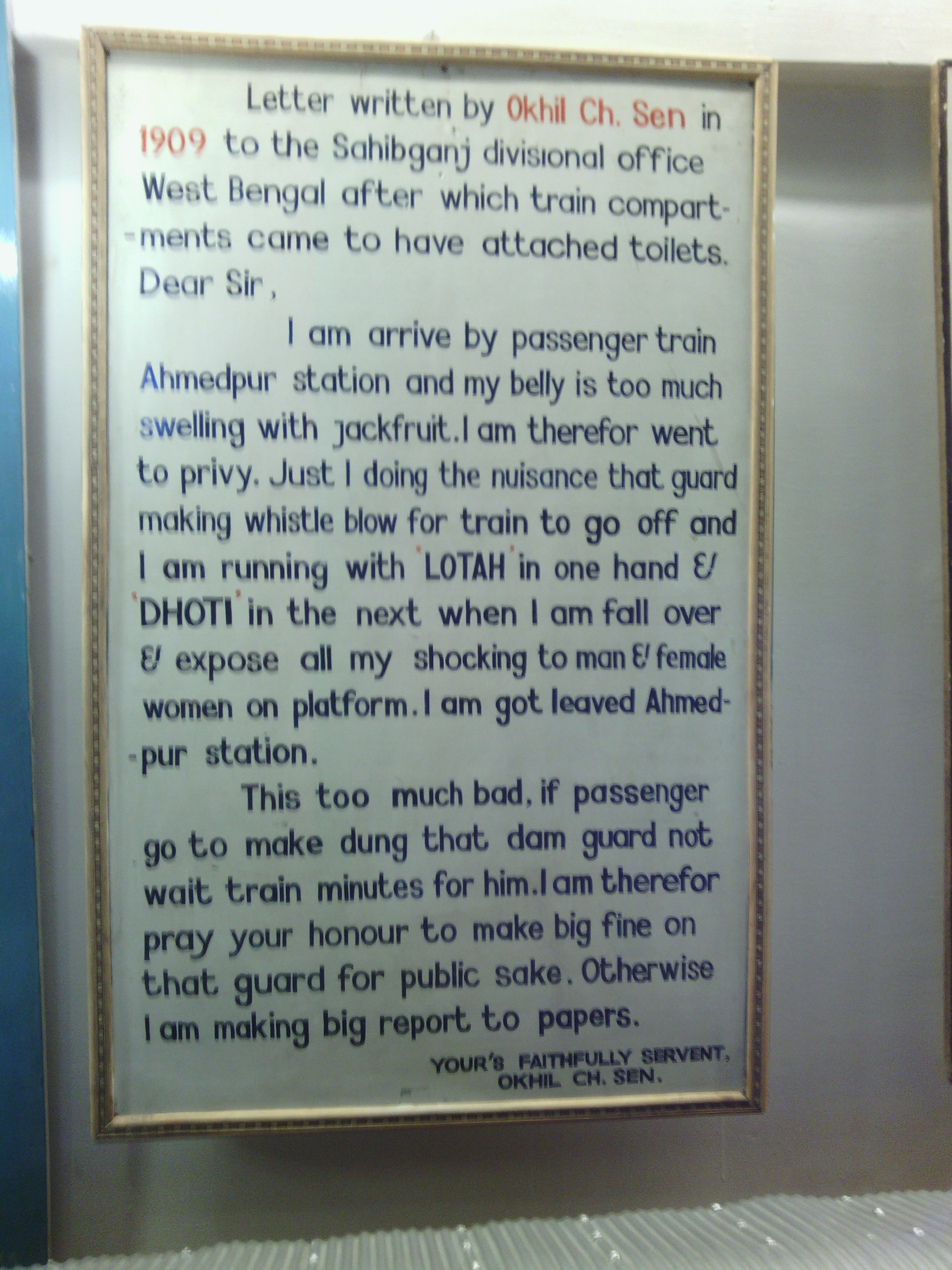 Letter displayed at the national railway museum.