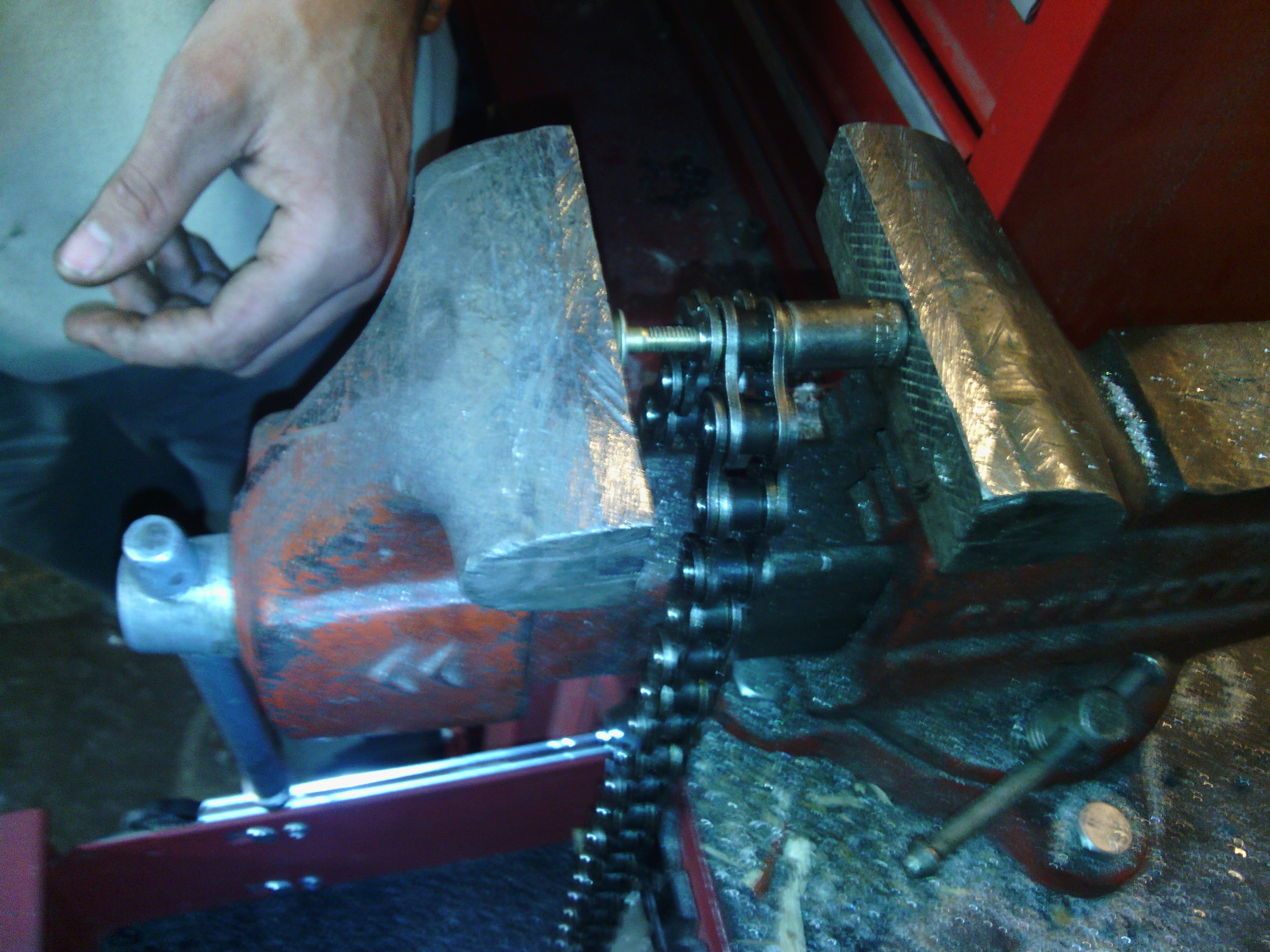 Makeshift chain breaker tool for Nate&rsquo;s motorcycle chain.