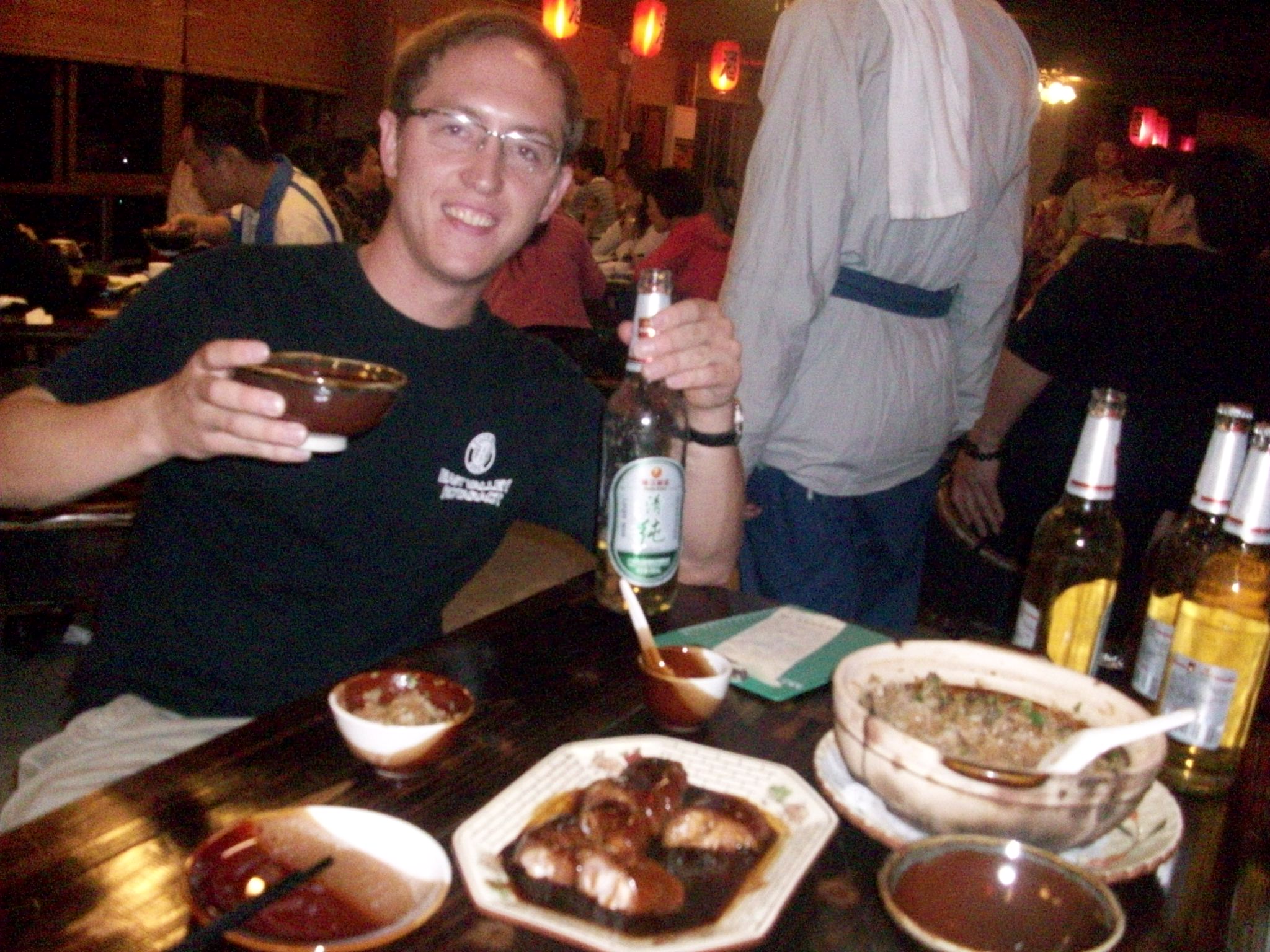 Then out to dinner with Tim and Brian.  Brian is drinking from a bowl.  Apparently that&rsquo;s what they do here.