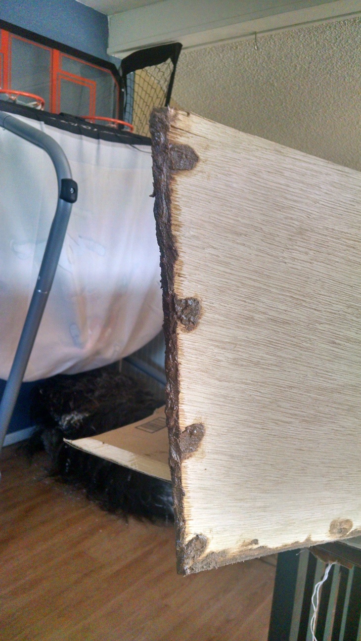 Bow exterior being built up to the proper shape from filled epoxy. You can see the filled stitch holes.