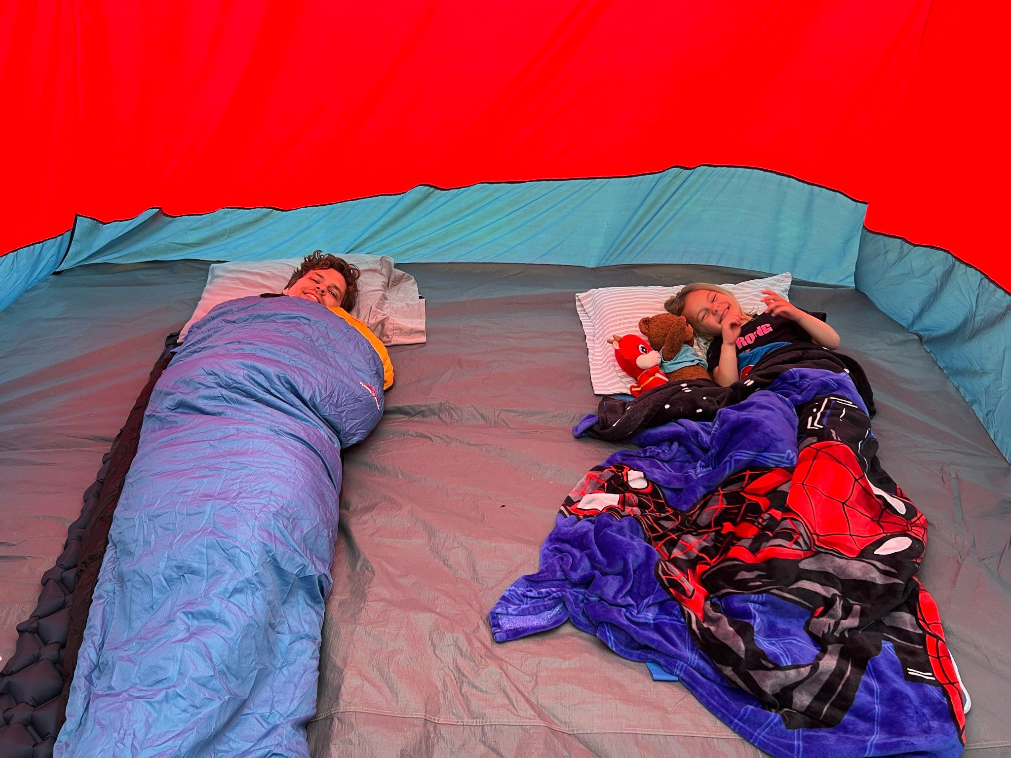 Making sure our sleeping bags are comfy