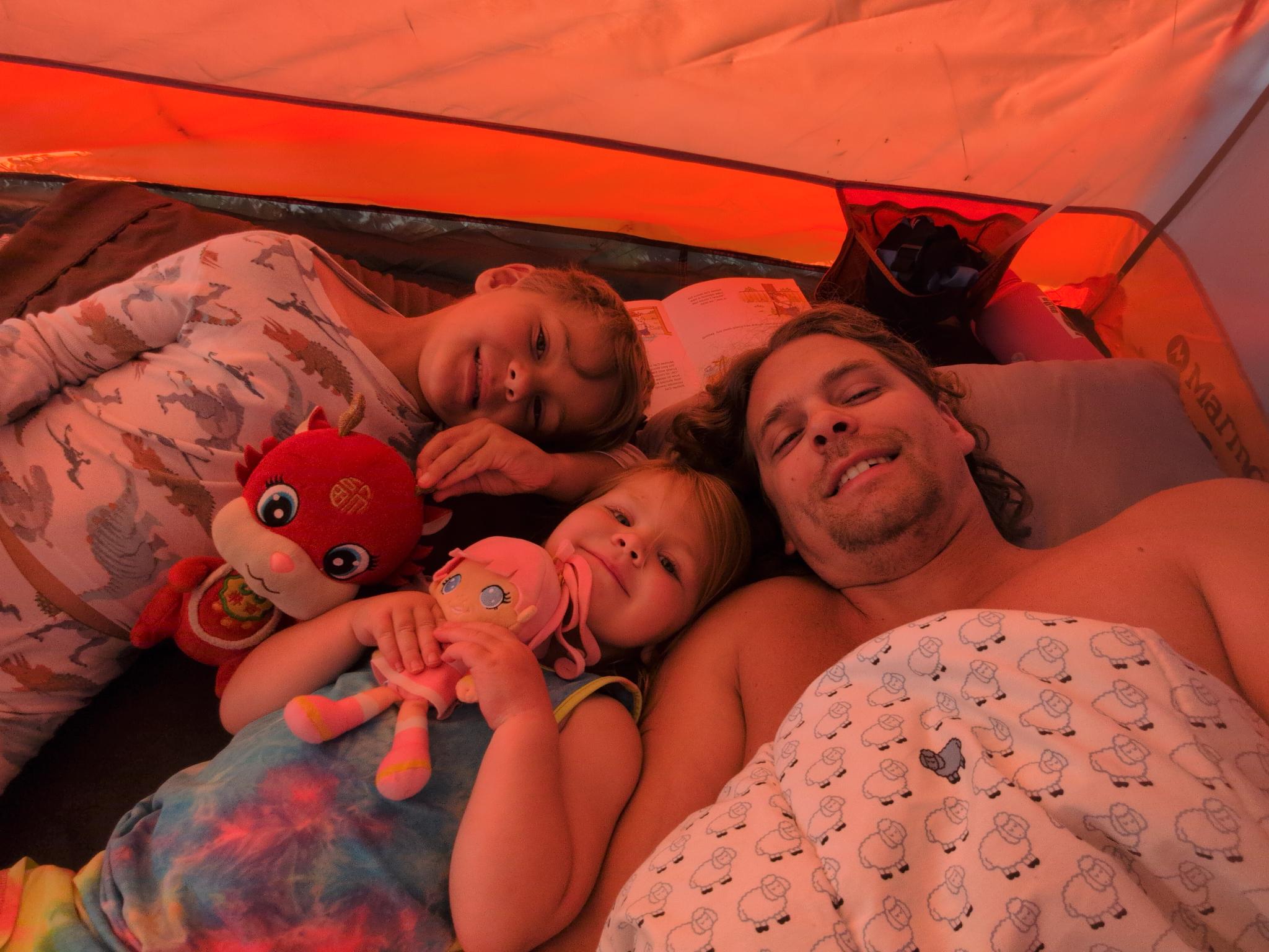 Camping in the tent.