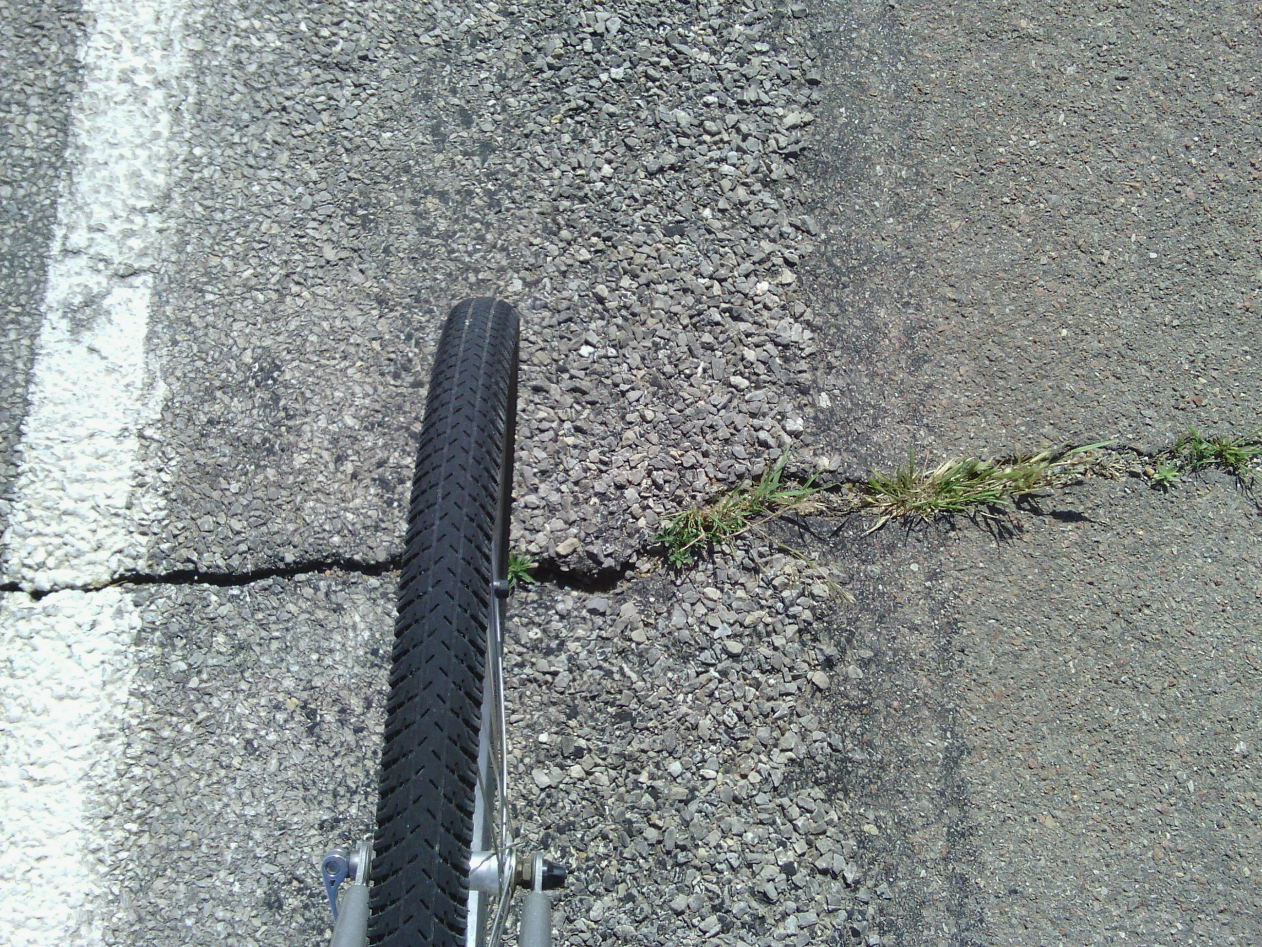 From left to right: road&rsquo;s edge line, my front wheel, piece of grass blowing the wrong way.