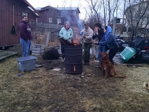Our family, Ryan, Rachel, Nate, Eli, Lane, Neqa hanging out around the hobo pit.