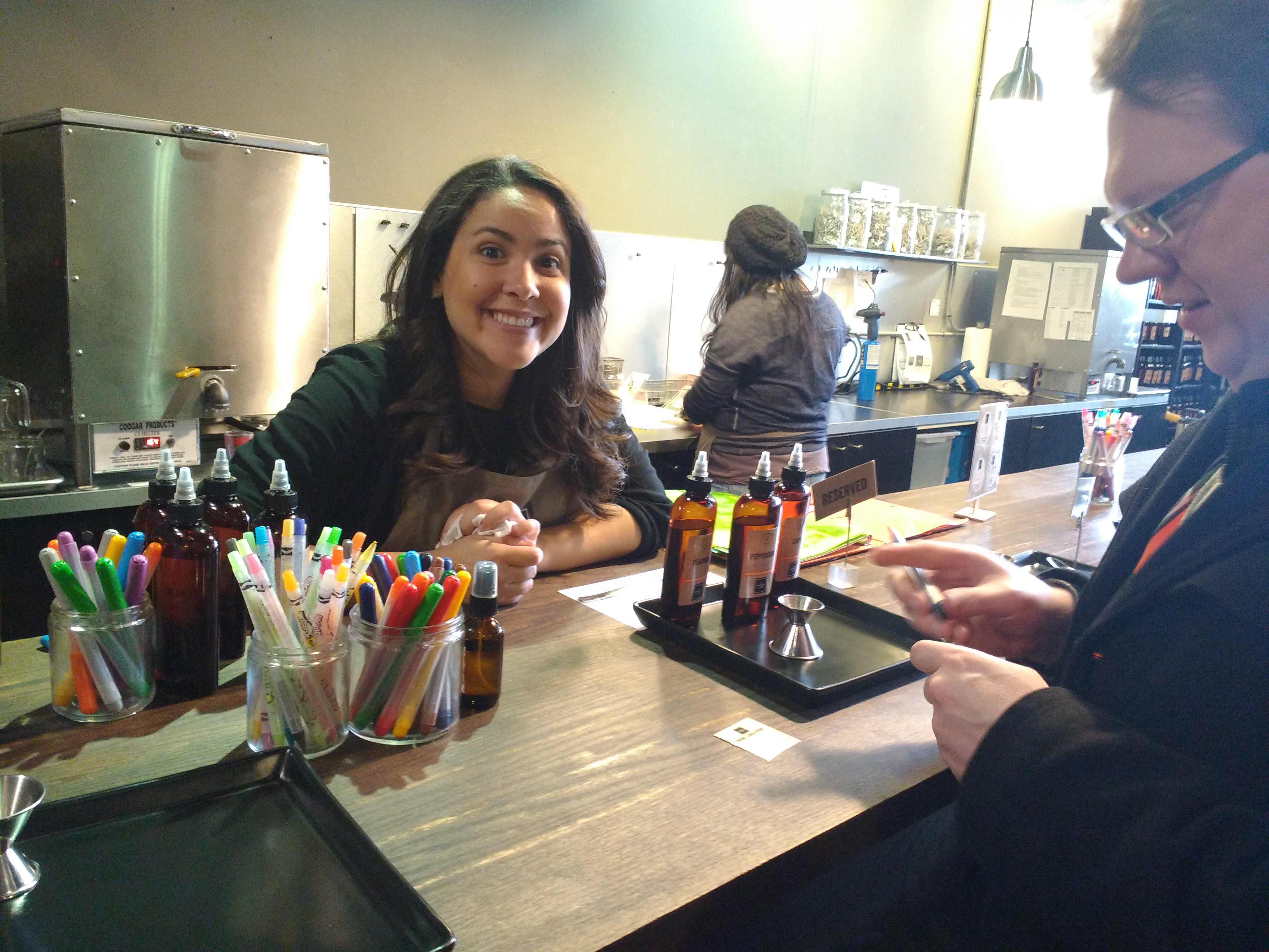 Tatiana and the candle shop. Karl making &ldquo;shovel&rdquo; room spray.