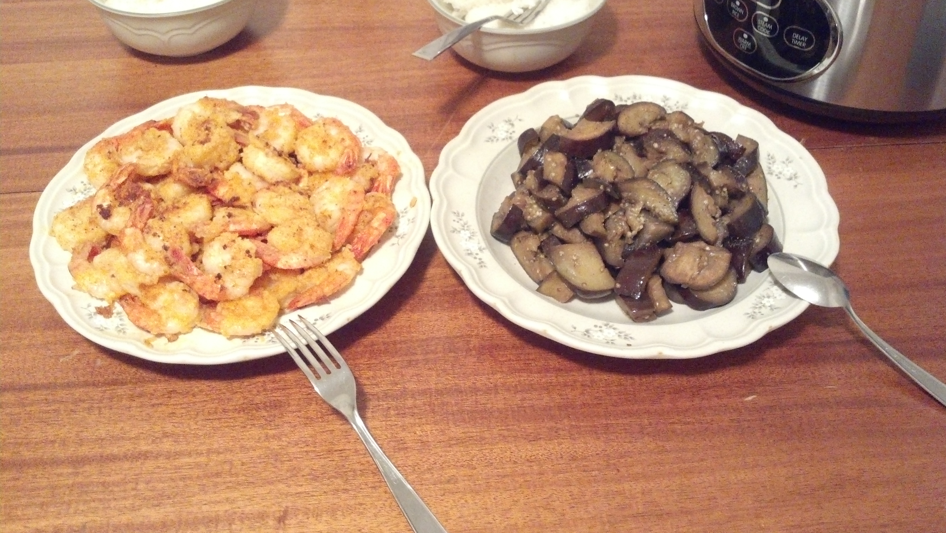 I made the shrimp, and she made the eggplant.